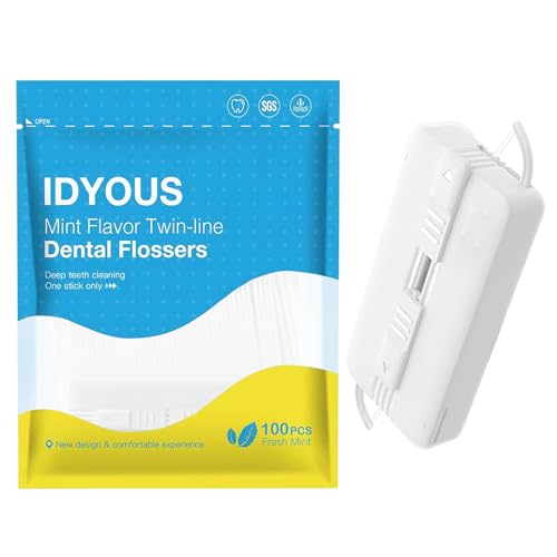 Dental Floss Stick Set with Dispenser, 110 Count Mint Toothpicks Twin-Line, Refill Bagged Floss Sticks, Adults Toothpicks Floss Picks Suitable Home Use or Travel Floss Picks(White)