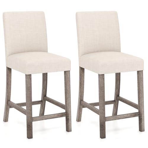 Butacos de Barra Giantex, Altura Contador, Juego de 2, Tapizados en Tela de Lino con Espuma de Alta Densidad, Asiento con Apoyo para la Espalda y Reposapiés, Patas de Madera Sólida de Caucho, para Isla de Cocina, Bar en Casa o Cafetería, Color Beige