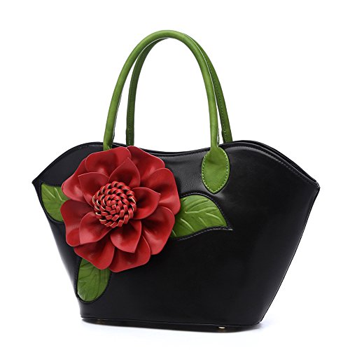 Howoo PU Rétro en Trois Dimensions Fleurs Sac d'épaule Sac à Main Messager Sac bandoulière pour Femmes/Filles Noir