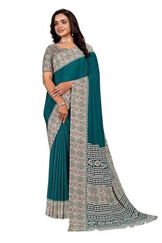 Sari en soie crêpe pour femme turquoise avec motif floral de taille Nica