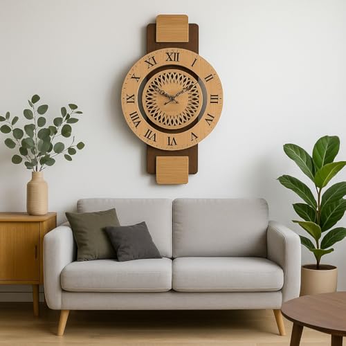 Khushi Decors Wooden Wall Clock for Home & Office | Vintage Roman Numerals Designer Clock | Silent Sweep Movement | Modern Decorative Wall Hanging Clock for Living Room, Bedroom, Hall(19 * 12 Inches)