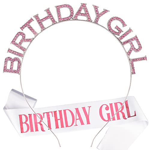 AOPRIE Birthday Girl Crown for Women with Sash White Pink Happy Birthday Tiara for Women Headband Princess Crown Rhinestone Accessories
