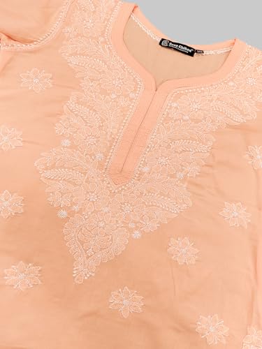 Image of Seva Chikan Hand Embroidered Lucknowi Chikankari Appricoat Peach Terivoil Cotton Kurta for Women SCL4603