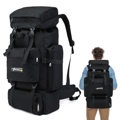 Sac à Dos de Randonnée 70 L, Camping Sac à Dos Imperméable Léger Sac de Voyage de Grande Capacité pour Homme Femme Réglable Durable pour Camping Randonnée Trekking Voyage Plein air, Noir, L