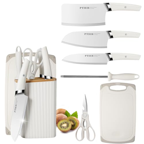 Kitchen Knife Set, 7 Pieces White Ceramic Knives Set with Block, Rust Proof & Stain Resistant, Nonstick Cooking Knife Set with Ergonomic Handle for Home Family Restaurant
