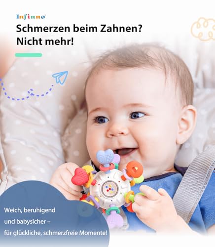 Infinno Baby Greifball & Rassel,BPA-freies Silikon Beißring-Spielzeug für 0-12 Monate, Multifunktionales Montessori Baby Geschenk Mit Leuchtenden Farben