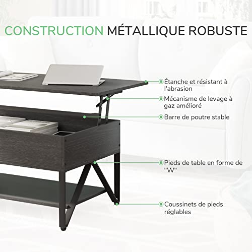 Novilla Table Basse de Salon avec Plateau Relevable, Compartiment Caché, Grande Capacité de Rangement, Table de Salon et Salle à Manger, Design en W, Style Industriel, Métal, 102×52×42cm, Noir - Image 5