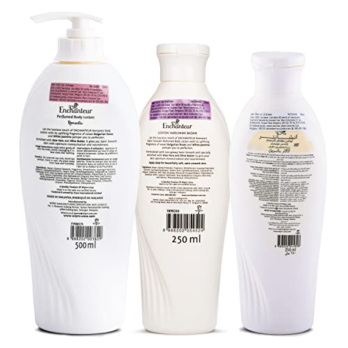 Image of Enchanteur Romantic Perfumed Body Lotion, 500ml & Enchanteur Romantic Perfumed Body Lotion, 250ml & Enchanteur Cocoa Sensuelle Perfumed Body Lotion, 250ml, with Cocoa Butter & Argan Oil