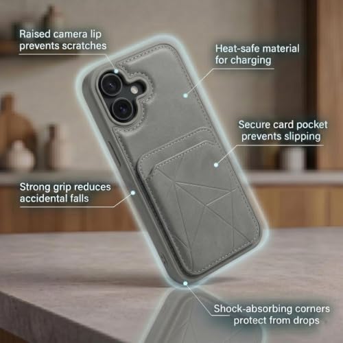 Image of amazon basics Premium Vegan Leather Back Cover with Card Holder and Integrated Mobile Stand for iPhone 17 - Slim Shockproof Wallet Case with Geometric Stitching [Gray]
