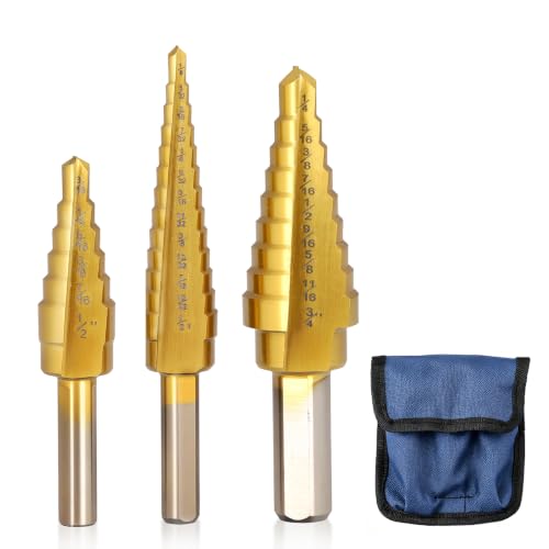 COMOWARE Step Drill Bit Set - Titanium Coated, Double Cutting Blades, High Speed Steel, Short Length Drill Bits Set of 3 pcs, Total 28 Sizes