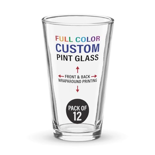 Custom Pint Glass 16oz (12 Pack) - Heavy Duty Rim Tempered Beer Glass - Personalized Full Color Wraparound Printing