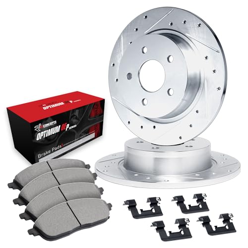 Image of R1 Concepts Rear Brake Kit Fits 2002-2024 Nissan Altima; 2004-2008 Nissan Maxima; 2007-2019 Nissan Sentra; 2011-2017 Nissan Juke| Optimum Oep Pads, Drilled Slotted Rotors| Hardware| 11.5 inch Rear
