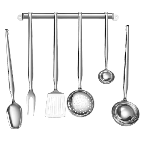 Set Mestoli Cucina Acciaio Inox 6 Pezzi con Barra da Parete – Utensili Made in Italy – Lavabili in Lavastoviglie – Cucchiaione, Schiumarola, Mestolo, Spatola, Forchettone, Cucchiaio