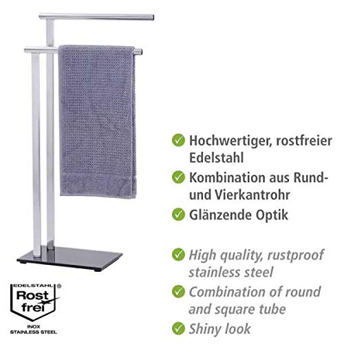 WENKO Handtuch- und Kleiderständer Lava, Handtuchbutler mit 2 Armen, Kombination aus Rund- & Vierkantrohr aus glänzendem rostfreiem Edelstahl mit Schwerer Sicherheitsglas-Bodenplatte, 42 x 81 x 20 cm