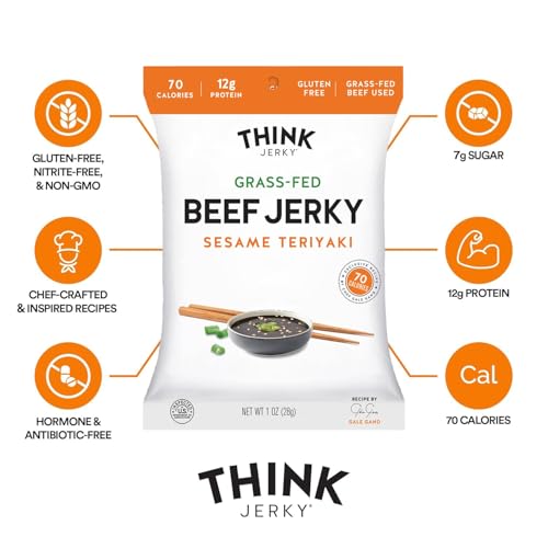 Think Jerky Beef and Turkey Jerky Variety Pack, Original, Sweet Chipotle, Sriracha Honey, Sesame Teriyaki, Healthy Jerky Snack, Healthy Meat Snack, Low Calorie Low Fat - 1.0 oz Bags, 16 Pack