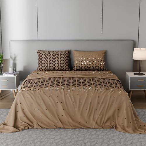 Image of BLISSHOME SoftTouch 150TC Cotton King Size Printed Bedsheet with 2 Pillow Covers for Double Bed, Silky Smooth Bedding Set, Breathable, Easy Maintain, Geometric Pattern - Mocha Brown (228cm X 274cm)