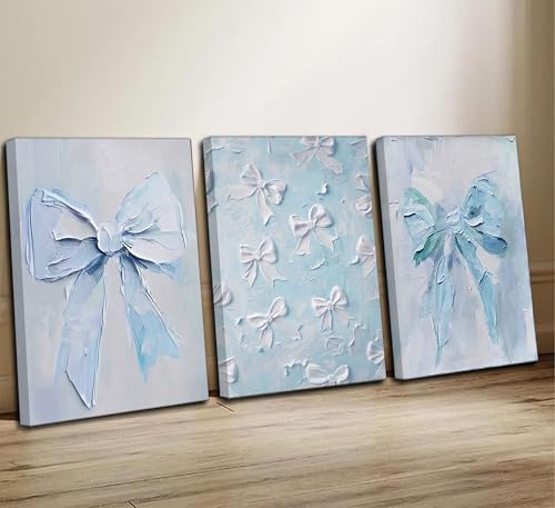 Image of 3Pcs Trendy Blue Bow Canvas Wall Art Vintage Cute Preppy Watercolor Bow Painting Pictures Wall Decor Posters Prints Girly Aesthetic for College Apartment Bedroom Decoration