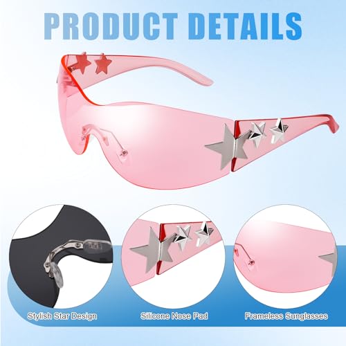 3 Pairs Y2K Sunglasses for Women Men Trendy Shield Wrap Around Sun Glasses, Rimless Star, Oversized Fashion Frameless Glasses3