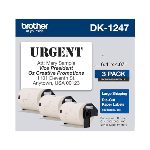 Brother Genuine DK-12473PK Die-Cut Large Shipping Paper Labels, 4.07 in x 6.4 in (103 mm x 164 mm) Large Shipping White Paper Labels, 180 Labels per Roll, (3) Rolls per Box, DK12473PK