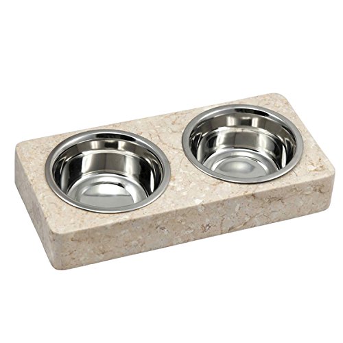 Creative Home Natural Champagne Marble Double Diner Pet Food And Water Feeding Set With 1.0 Pint Removable Stainless Steel Bowls, Beige #TOP8