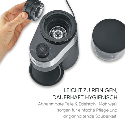 SEVERIN elektrische Kaffeemühle, aromaschonendes Scheibenmahlwerk, einstellbare Mengendosierung, Mahlgrad in 30 Stufen einstellbar, abnehmbarer Bohnenbehälter, 140 Watt, Edelstahl, KM 3880