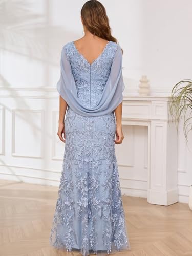 VCCICANY Lace Mermaid Mother of The Bride Dresses for Wedding V Neck Long Formal Evening Gown with Cape Sleeves2