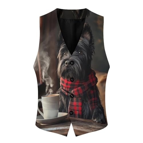 Cute Scottish Terrier Dog Men's Suit Vests Dress Vest V-Neck Waistcoat Slim Business Formal with Pocket4