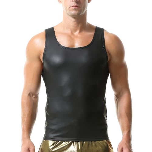 Men's Faux Leather T-Shirt Elastic Band Undershirt Muscle Tank Tops for Rave Party