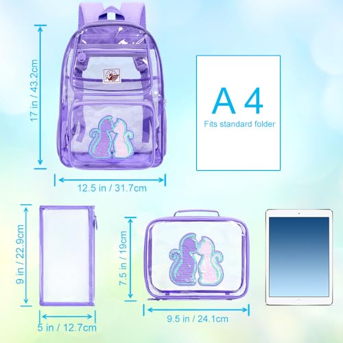 Image of AGSDON 3PCS Clear Backpack for Girls, Kids Cat Transparent Backpack with Heavy Duty PVC, See Through Backpacks with Lunch Bag-Purple