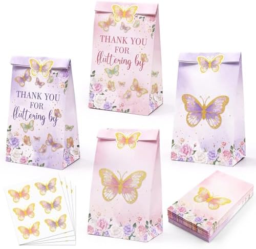 Levfla 24 PCS Butterfly Candy Bags Pink and Purple Goodie Bags Thank You for Fluttering by Butterflies Favor Bags with Stickers Spring Kids Birthday Party Bash Baby Shower Decoration Supplies