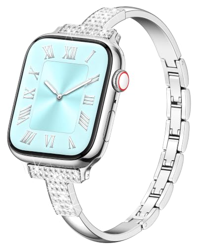 Image of VISOOM Silver Apple Watch Bands Iwatch Bracelet for Women 42 /41 /40 /38mm, Jewelry Metal T-Shaped Bands for Dressy Apple watch Series SE 11 /10 /9 /8 /7~1 Band Thin Slim Fancy Bling Women On Daily /Gift