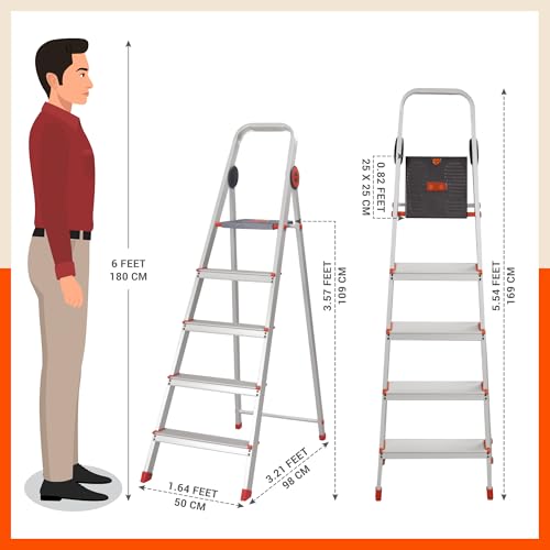 Image of Bathla Advance Pro 5-Step Foldable Aluminium Ladder for Home | Heavy-Duty & Anti-Slip Steps with Sure-Hinge Technology | 7-Year Manufacturer Warranty | Orange