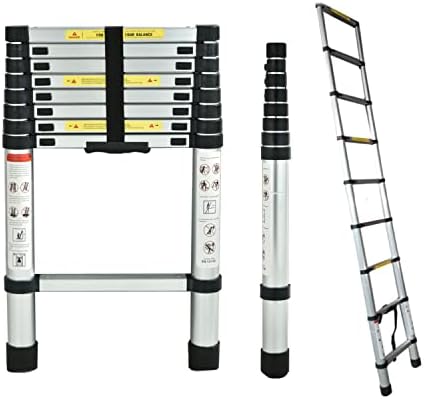 Telescoping Ladder 2.6m/8.5FT Lightweight Ladder with Locking Mechanism & Black Anti-Slip Rubber Sleeve Safe & Compact Extension Ladder with EN131 Certified Ladder Aluminum for Indoor Outdoor Work