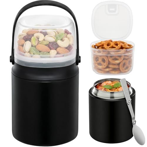 20oz Soup Thermo for Hot Food with a Snack Box Container，Leak Proof Insulated Lunch Container Kids and Adults，Stainless Steel Double Wall Vacuum Wide-mouth Food Jar with Spoon and Handle（Black）