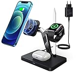[4 in 1 magnetische induktive ladestation] Dies ist eine kabellose qi ladestation, die speziell für die Mag-safe iPhone 12-Serie, iWatch, AirPods und Apple Pencil entwickelt wurde. Der magnetische Ladebereich ist geeignet für iPhone 12/12 Pro /12 Pro Max/12 Mini, Uhrenladegerät ist geeignet für iWatch SE/6/5/4/3/2, Basisladebereich ist geeignet für Airpods 2/Pro, zusätzlich Ladeanschluss zum Aufladen Ihres Apple Pencil 1