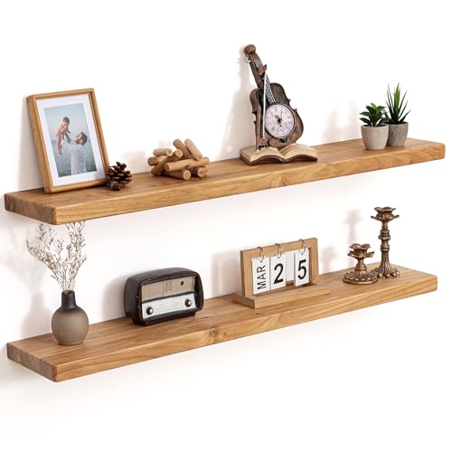 Image of Floating Shelves for Wall, 40 inchWx8 inchD Rustic Solid Elm Wood Floating Shelves Wall Mounted, Round Edge Wall Shelves with Invisible Bracket for Living Room Bathroom Bedroom Kitchen, Set of 2, Natural
