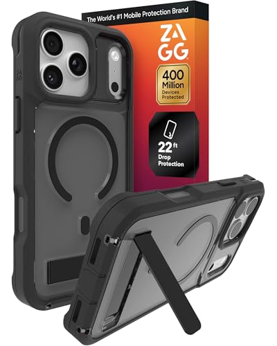 Image of ZAGG Rainier Case with Kickstand for iPhone 17 Pro Max - Smoke Black, Graphene 22ft (7m) Drop Protection, Lanyard Attach Points, MagSafe, Wireless Charging Compatible, 2-Piece Design, Phone Case
