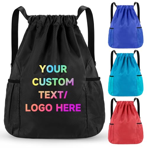 Custom Waterproof Drawstring Backpack Bulk, Thickened Custom Bags With Your Logo & 2 Side Pockets, Portable String Backpacks, Promotional Items Cinch Bag for Gym, Beach, Shopping, Daily Use, Business
