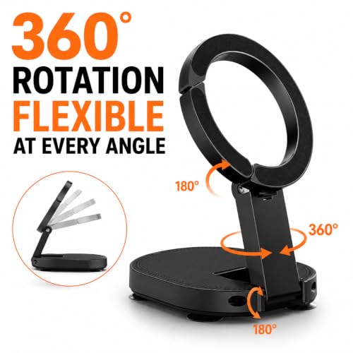 Image of Mizi 3-in-1 Magnetic Phone Holder for Mag Safe, 18 Suction Cup Phone Mount with Carabiner Clip, 360 Rotating & 180 Adjustable Stand, Compatible with iPhone 12-18 & All Phones with Metal Ring, Black