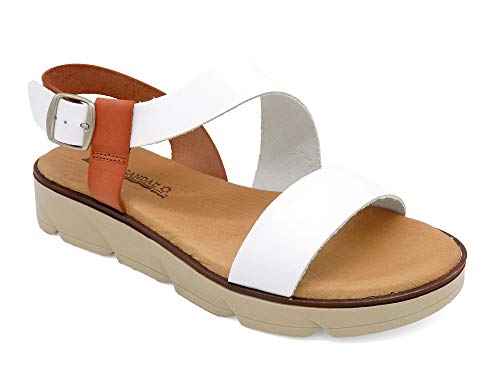 Sandalias de piel para mujer con tacón en cuña y plantilla de piel acolchada 166, color Blanco, talla 39 EU