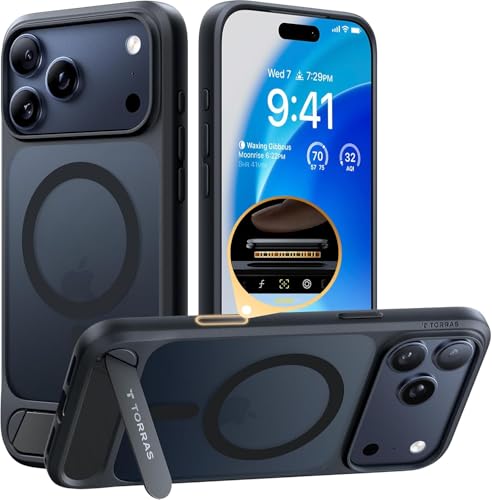 Image of TORRAS Strong Magnetic & Seamless Stand for iPhone 17 Pro Case, Black | Fit for MagSafe, Military Grade Drop Protection, Invisible Adjustable Kickstand, Camera Control Button,Slim,Translucent Matte
