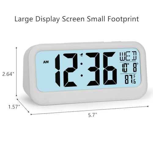Image of FAMICOZY Digital Alarm Clock with Calendar Indoor Temperature,Adjustable Snooze,Crescendo Alarm,Manual DST,Light on Demand,No Ticking for Bedside Travel,White