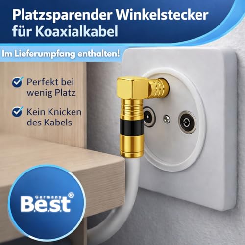 SAT Antennenkabel Koaxialkabel 135 dB Class A+ – Digital HDTV / 4K / 3D / UHD – vergoldet – 1× 90° Winkelstecker & 1x F-Verbinder inkl. – Satellitenkabel für Receiver, Router & Modem (3 Meter, Weiß)