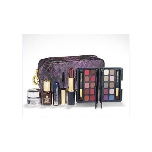 NEW! 2012 Estee Lauder 7- Piece Skin Care Beauty Makeup Travel Gift set: Re-Nutriv Ultimate Lift Age-Correcting Creme + Estee Lauder Advanced Night Repair Synchronized Recovery Complex Serum + 10-Pan Eyeshadow Palette + 10-Pan Lip Color Palette + Pure Color Lipstick in Berry Truffle + Sumptuous Mascara in Black + Cosmetics Bag