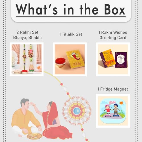 Image of CraftVatika Designer Rakhi Set for Brother Bhaiya Bhabhi | Peacock Rakhi for Bhaiya Bhabhi Raksha Bandhan Couple Set of 2 with Fridge Magnet Gift, Rakshabandhan Greeting Card, Tilak Set,Home decor