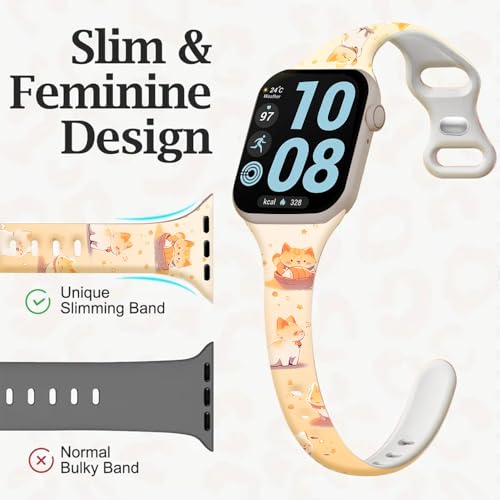 Image of Slim Cute Cartoon Band Printed Compatible with Apple Watch Bands 49mm 46mm 45mm 44mm 42mm 41mm 40mm 38mm Women, Silicone Adorable Printed Fadeless Pattern Design Strap for iWatch Series 11 10 9 8 7 6 5 4 3 2 1SE Cat