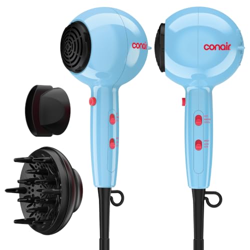 Image of Conair Cake Pop Hair Dryer with Diffuser & Concentrator Attachments, Blow Dryer, Hair Dryers for Women, Tourmaline Ceramic Technology, 3 Heat /2 Speed Settings, Compact Hair Dryer w /Concentrator, Blue