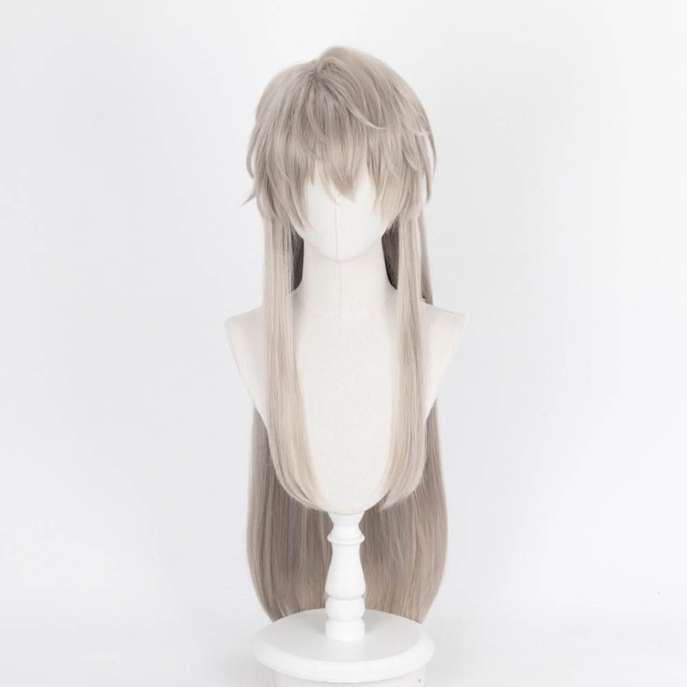 Men's Game Cosplay Wig with Bangs Linen Grey Long Straight Hair Synthetic Fiber Wig for Costume Party