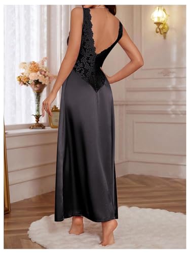 Image of WDIRARA Women's Satin Sleepwear Nightgown | Lace, Backless, Deep V Neck, Sleeveless, Long