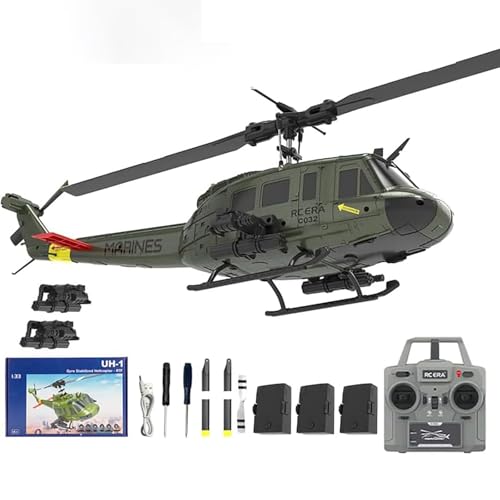Genérico C032 UH-1 RC Helicóptero Juguetes para Adultos, 1/48 Escala 2.4G 6CH RC Brushless Flybarless Helicóptero, 6-Axis Gyro Modelo de Avión con posicionamiento óptico de Flujo,3 Battery
